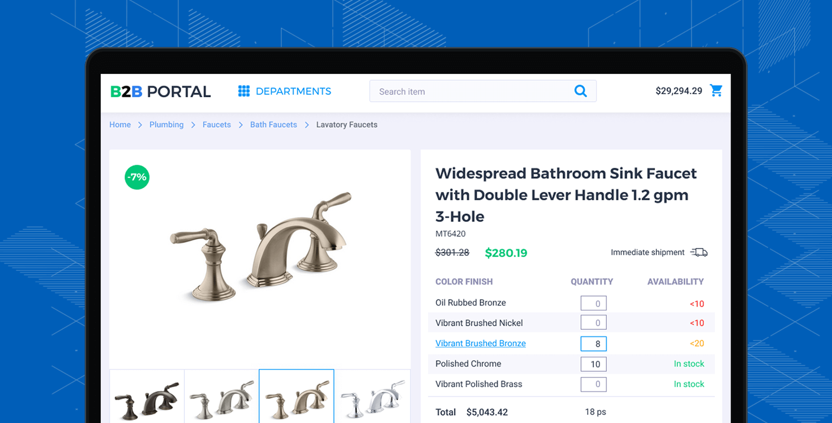 B2B portal interface for business customers, orders, and account management.