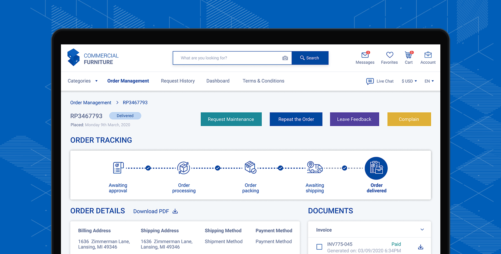 Customer portal interface for support, account data, and self-service tools.