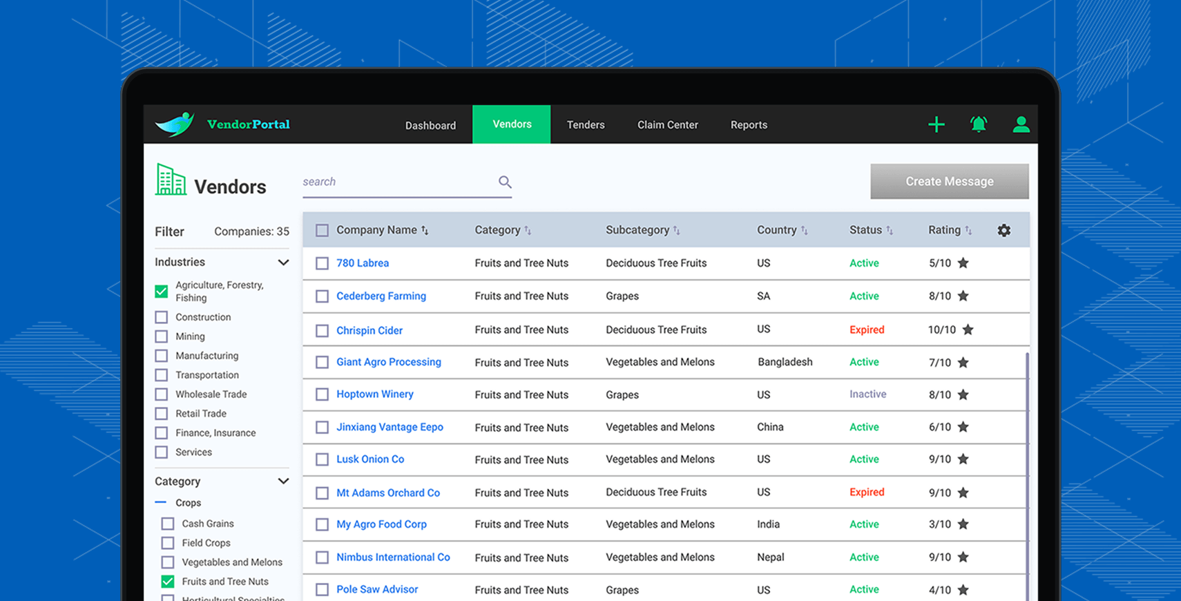 Vendor portal interface for supplier profiles, orders, invoices, and documents.