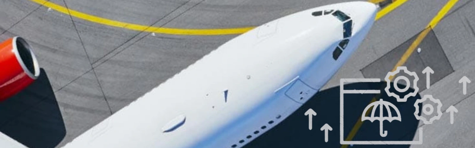 An aircraft on a tarmac with aviation insurance software modernization icons