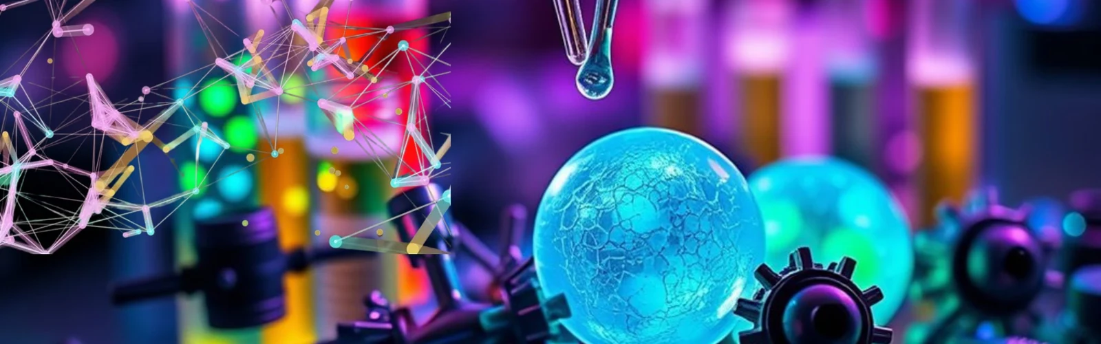 A biotech laboratory pipette and test tubes with a data network overlay