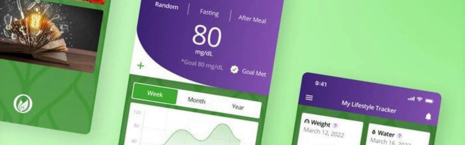 A chronic disease management app showing a lifestyle tracker and blood sugar readings