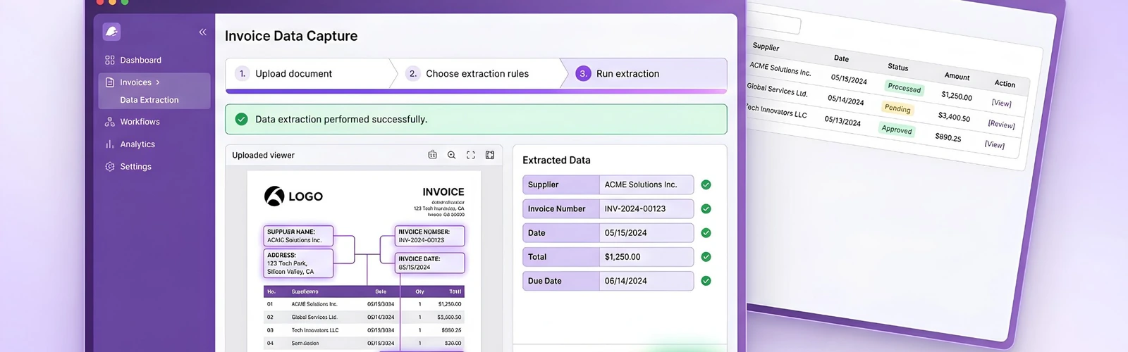 An invoice data-extraction product UI with OCR results