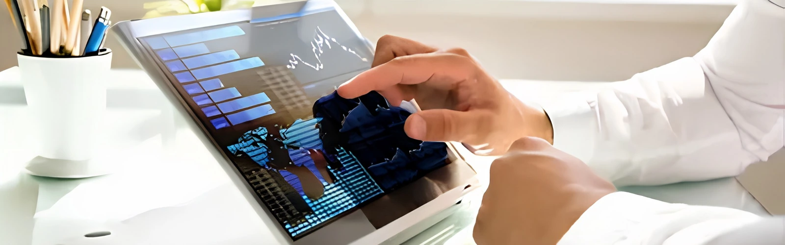 A finance professional interacting with a BI analytics dashboard