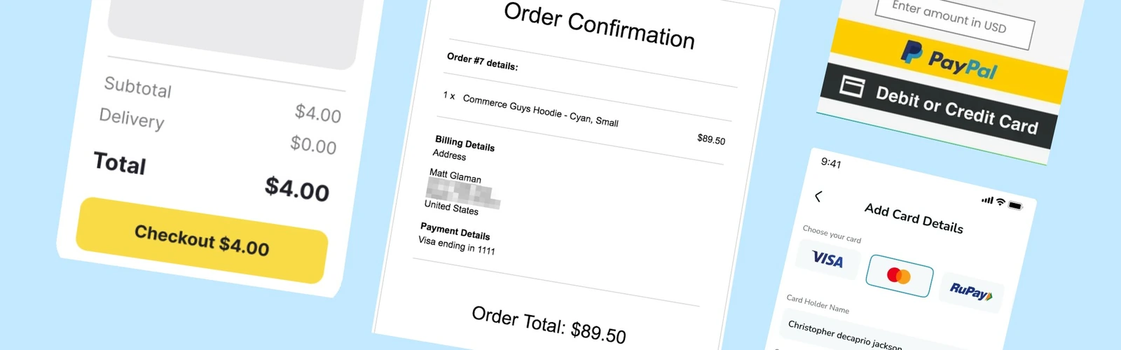 A secure checkout flow with card entry and 3D Secure verification