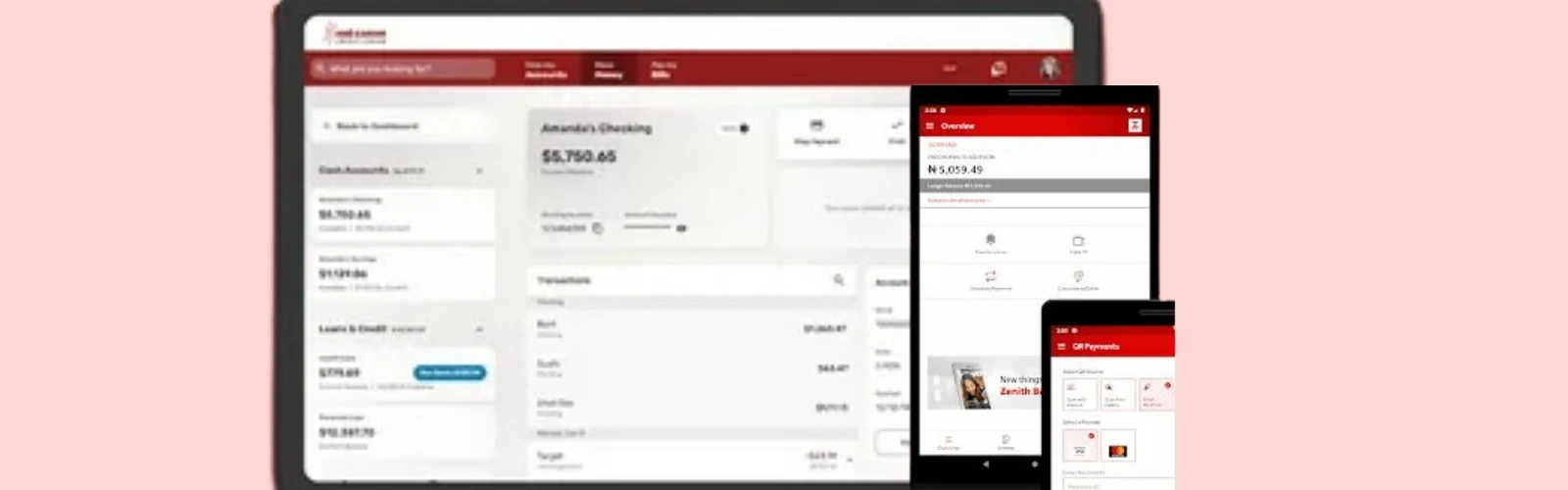 Online and mobile banking apps shown on desktop, tablet and phone