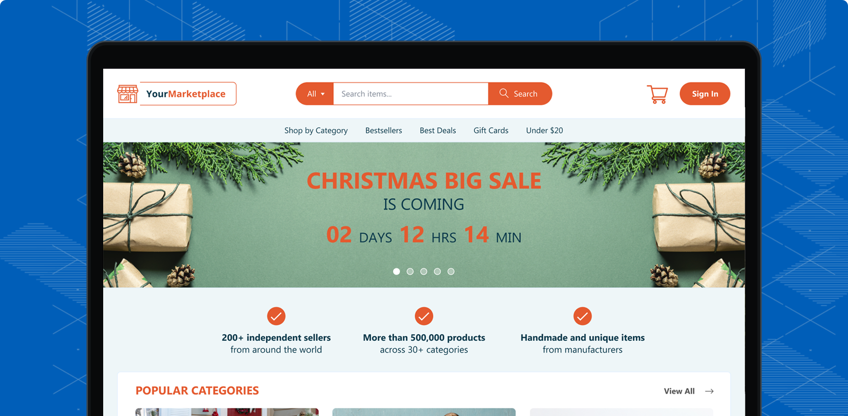 Online marketplace with product listings, filters, seller pages, and checkout.